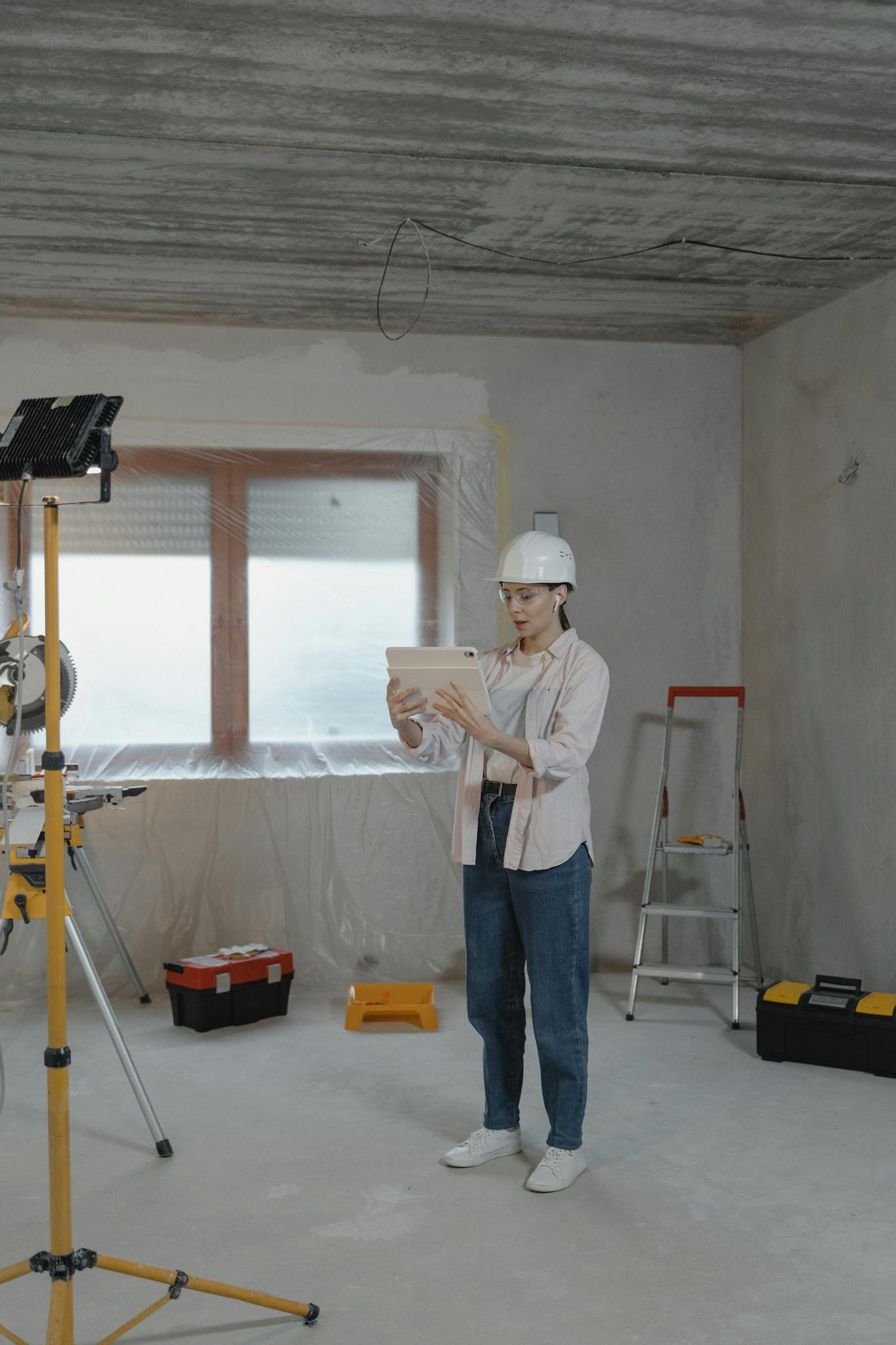 Woman in construction helmet reviewing plans on a tablet at an indoor renovation site.